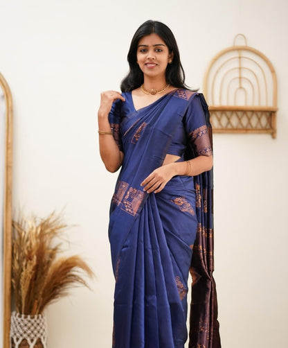 Blue Kanjivaram Pure Soft Semi Silk Saree With Unstiched Attractive Blouse Piece