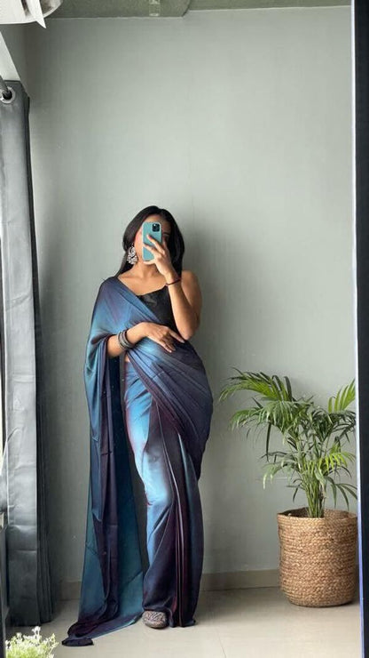 Blue Ready to Wear Chiffon Saree With Unstitched Blouse Piece