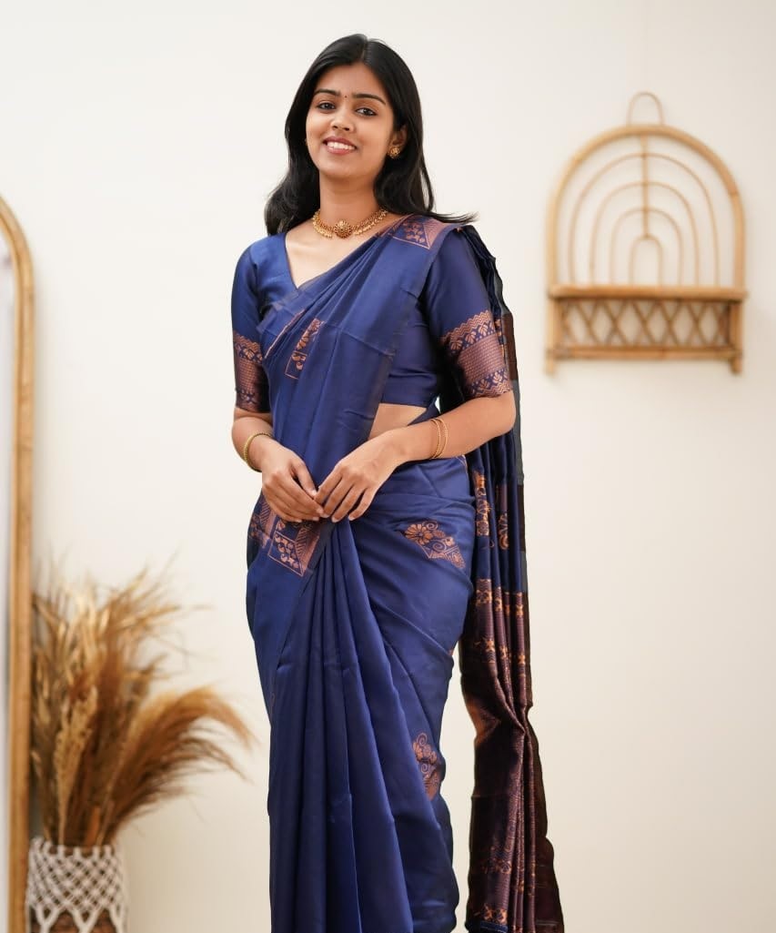 Blue Kanjivaram Pure Soft Semi Silk Saree With Unstiched Attractive Blouse Piece