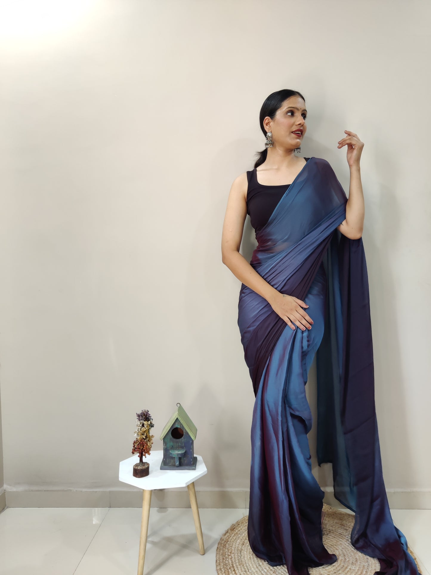 Blue Ready to Wear Chiffon Saree With Unstitched Blouse Piece