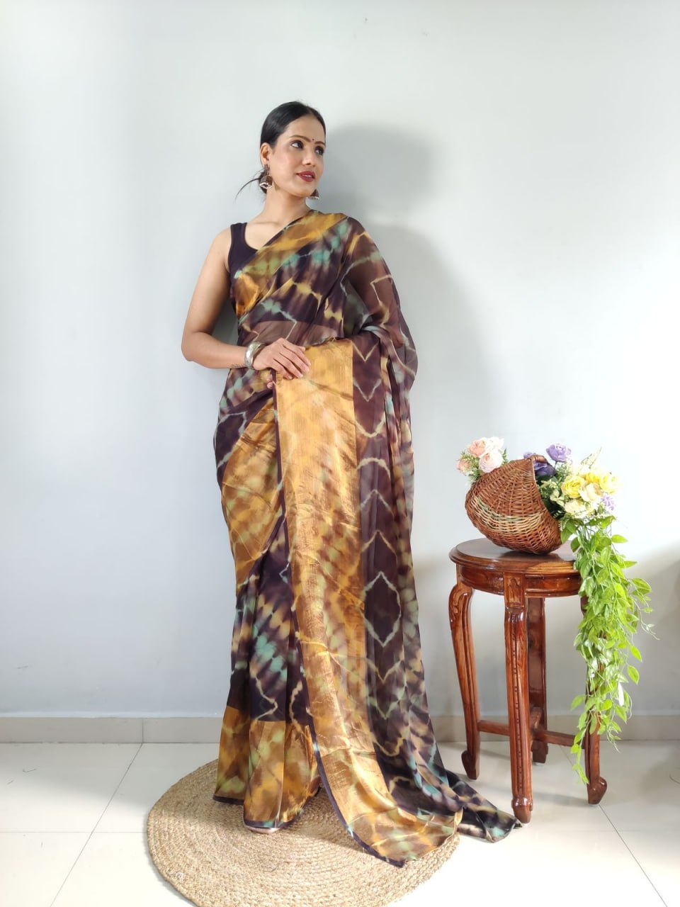 Brown Ready to Wear Chiffon Saree With Unstitched Blouse Piece