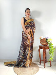 Brown Ready to Wear Chiffon Saree With Unstitched Blouse Piece