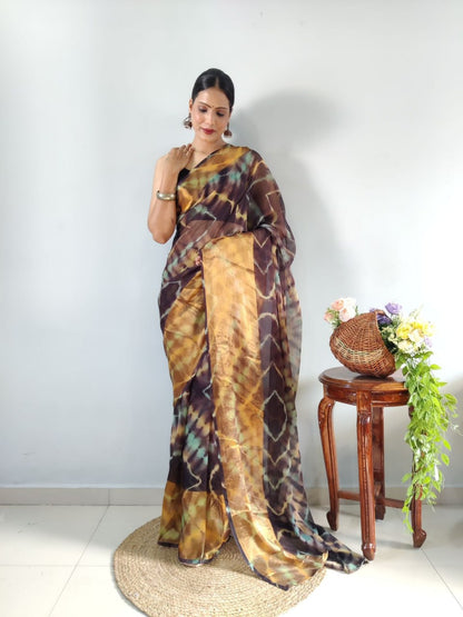 Brown Ready to Wear Chiffon Saree With Unstitched Blouse Piece