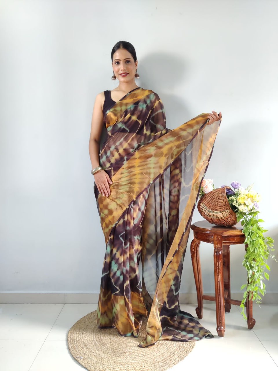 Brown Ready to Wear Chiffon Saree With Unstitched Blouse Piece