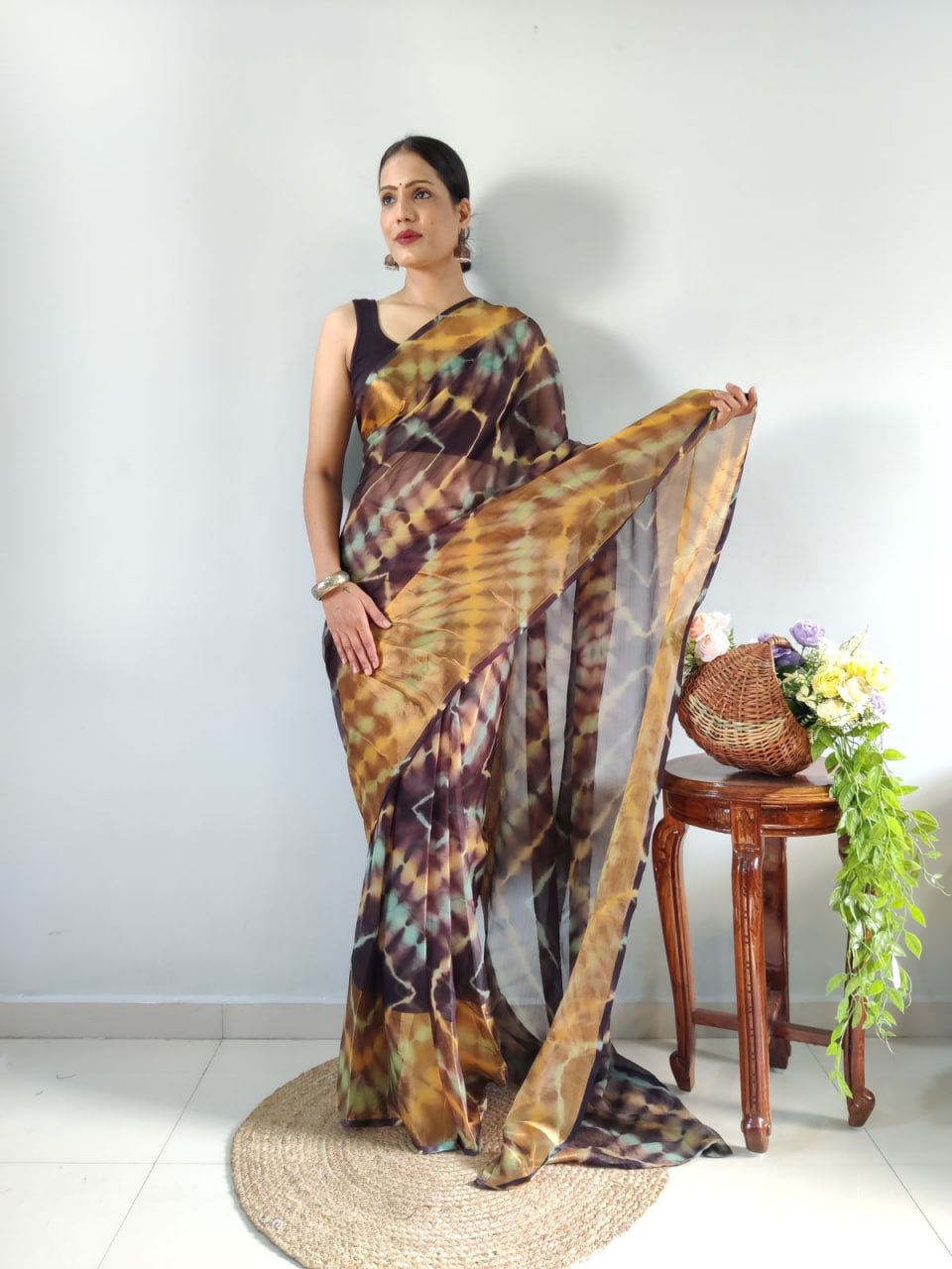 Brown Ready to Wear Chiffon Saree With Unstitched Blouse Piece