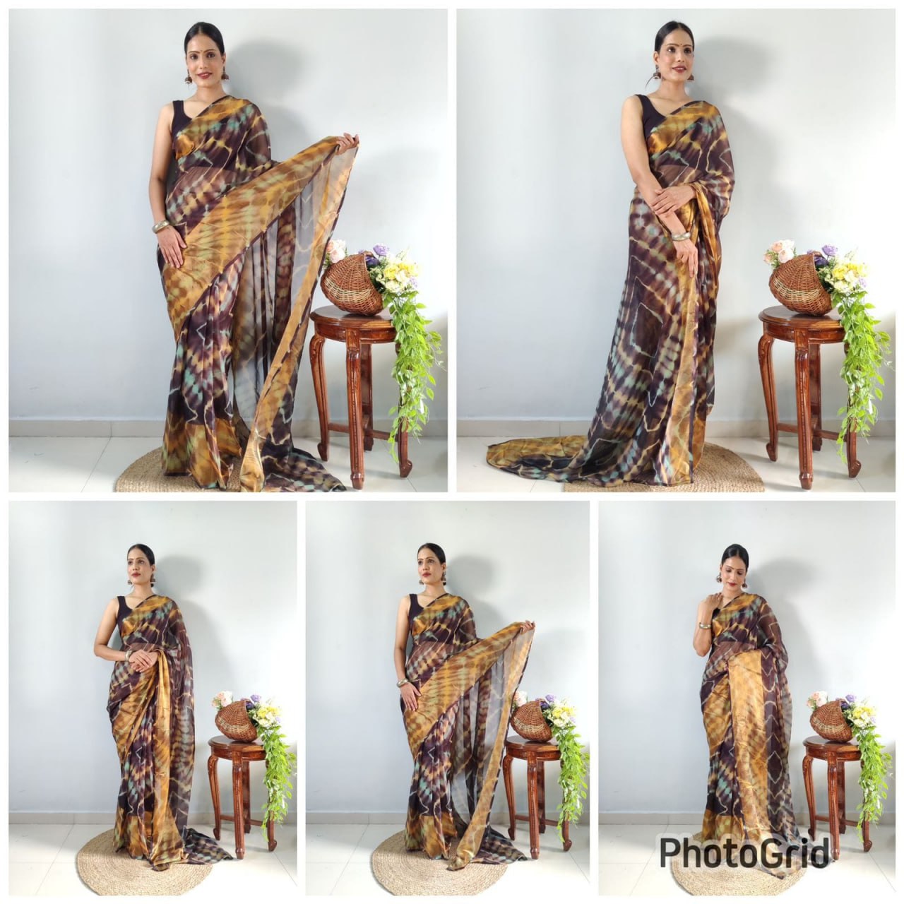 Brown Ready to Wear Chiffon Saree With Unstitched Blouse Piece