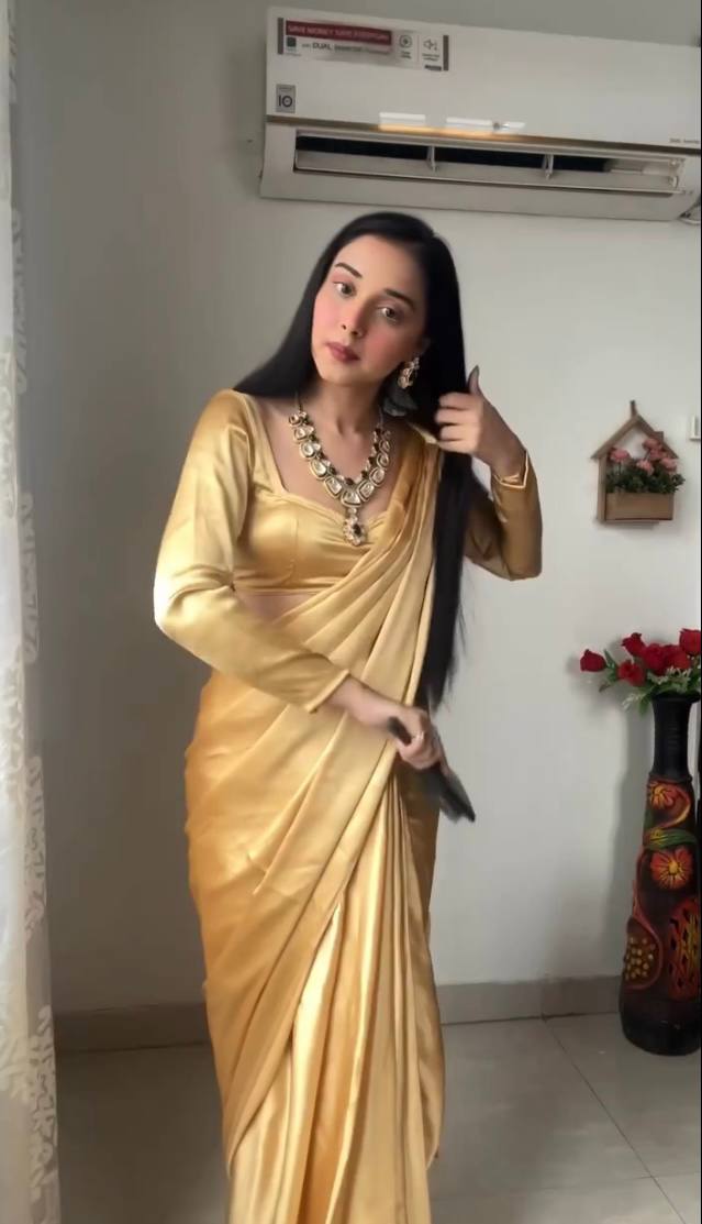 Cream Ready to Wear Satin Saree With Unstitched Blouse Piece