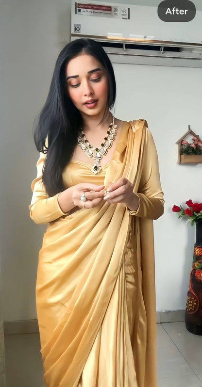 Cream Ready to Wear Satin Saree With Unstitched Blouse Piece