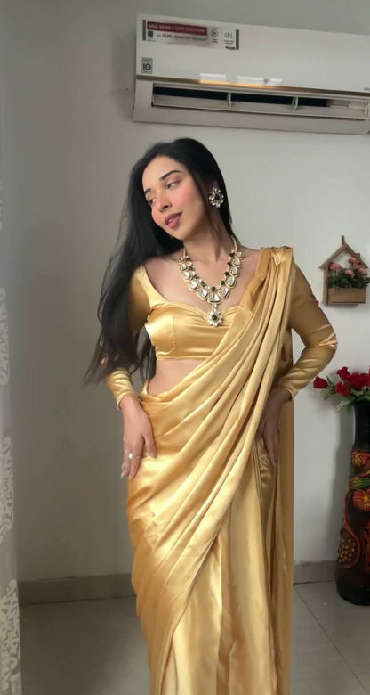 Cream Ready to Wear Satin Saree With Unstitched Blouse Piece