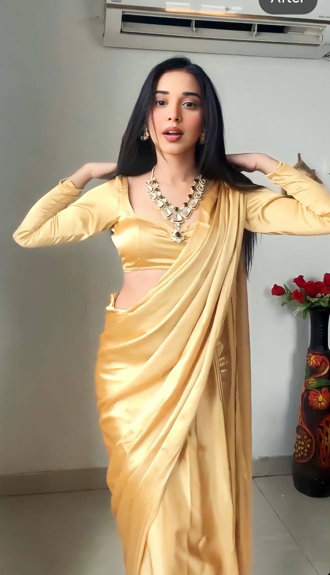 Cream Ready to Wear Satin Saree With Unstitched Blouse Piece