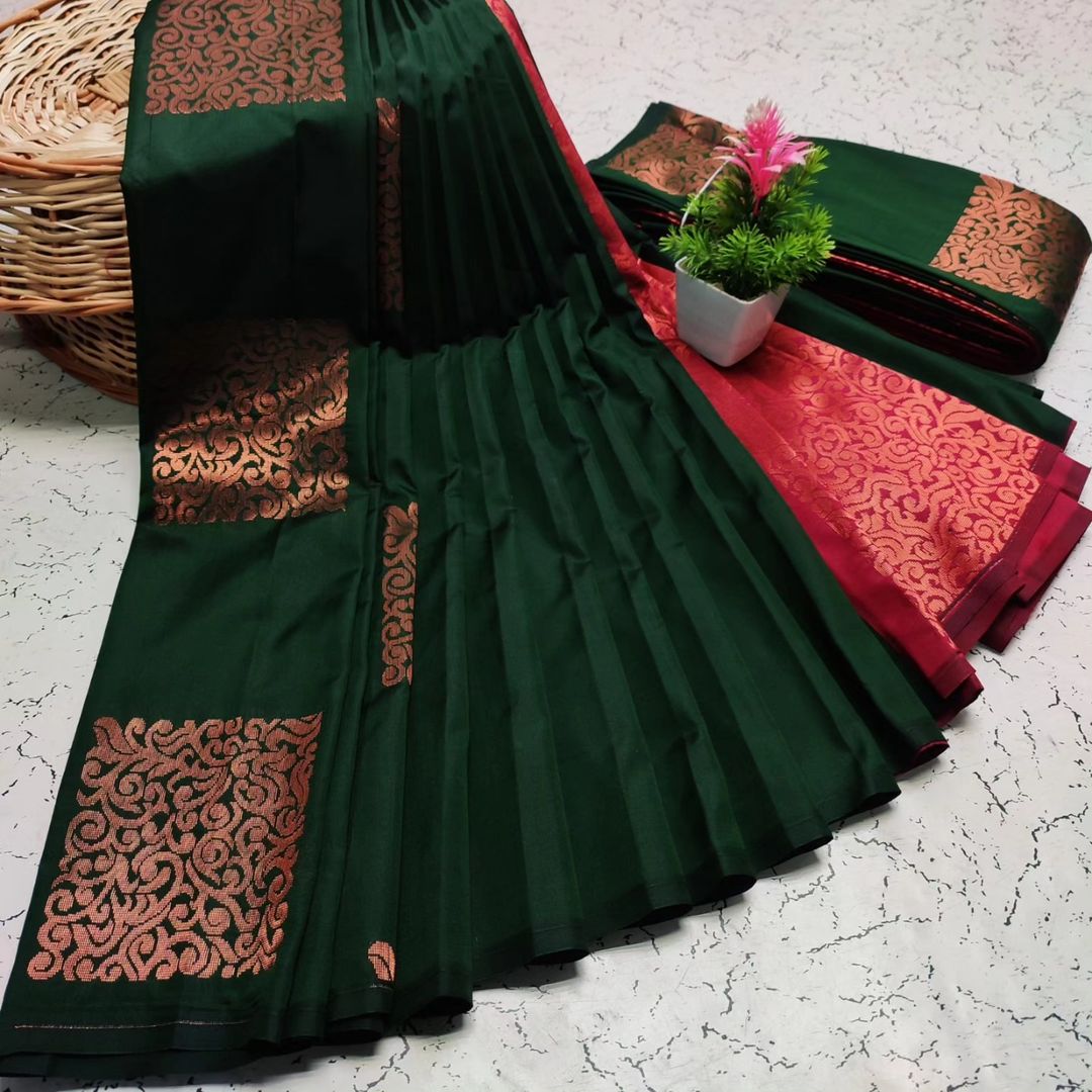 Green Banarasi Pure Soft Semi Silk Saree With Unstiched Attractive Blouse Piece