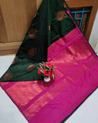 Green Pink Pure Soft Silk Saree With Engrossing Blouse Piece