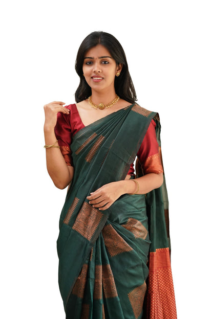 Green & Red Banarasi Pure Soft Semi Silk Saree With Unstiched Attractive Blouse Piece