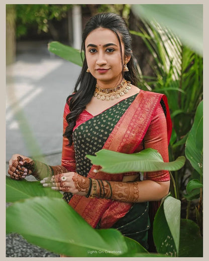 Green Red Pure Soft Silk Saree With Engrossing Blouse Piece