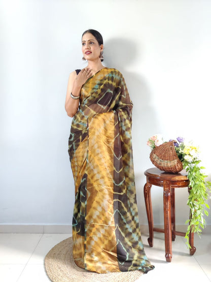 Green Ready to Wear Chiffon Saree With Unstitched Blouse Piece