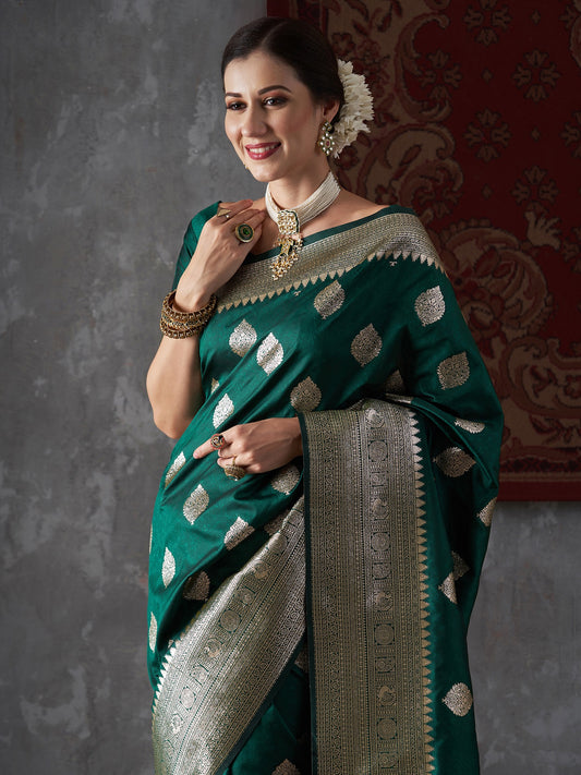 Green Pure Soft Silk Saree Weaved With Zari Comes With Tempting Heavy Brocade Blouse Piece