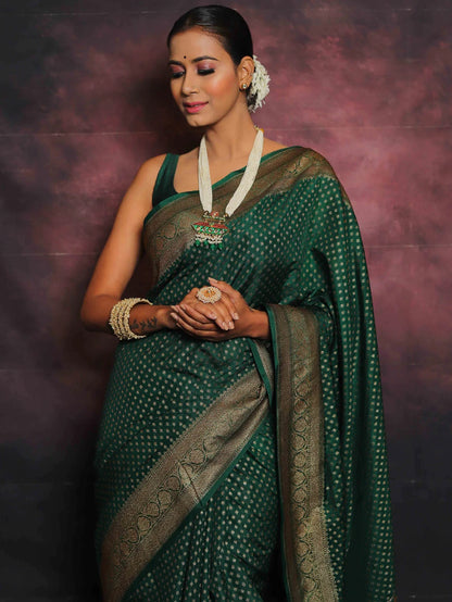 Green Banarasi Pure Soft Semi Silk Saree With Unstiched Attractive Blouse Piece