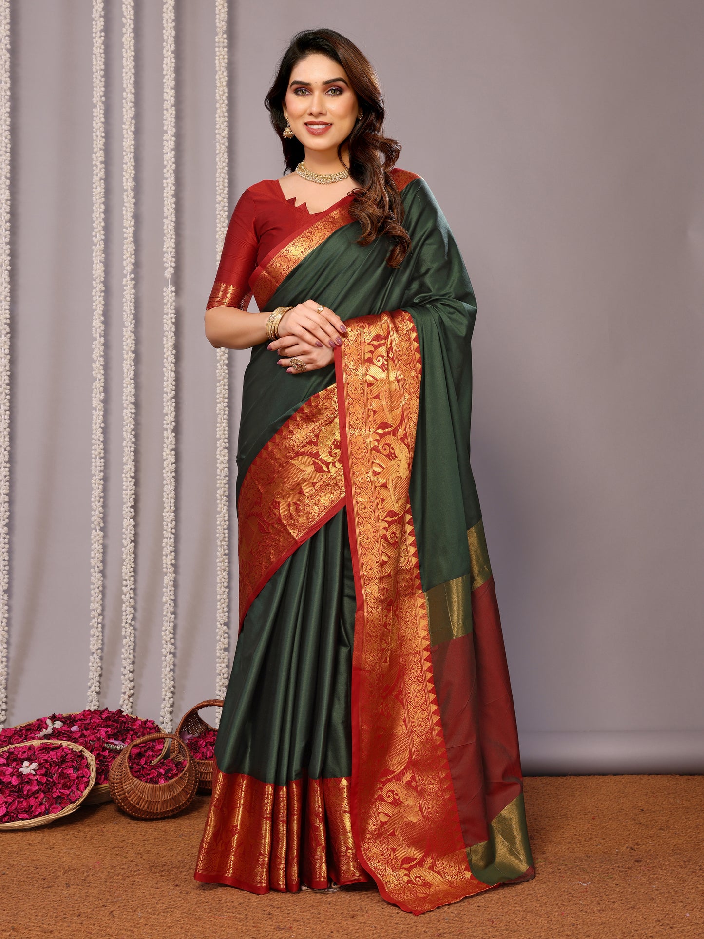 B.Green-Red Pure Soft Banarasi Silk Saree With Engrossing Blouse Piece