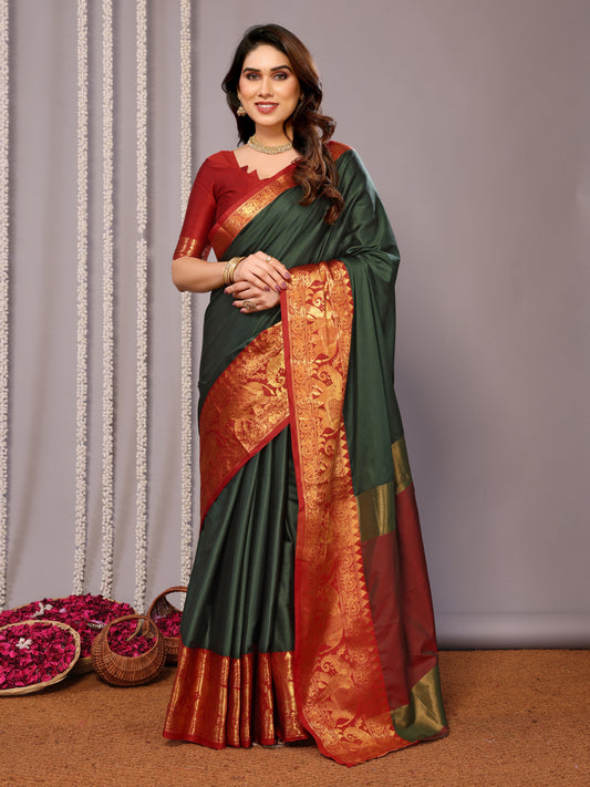 B.Green-Red Pure Soft Banarasi Silk Saree With Engrossing Blouse Piece