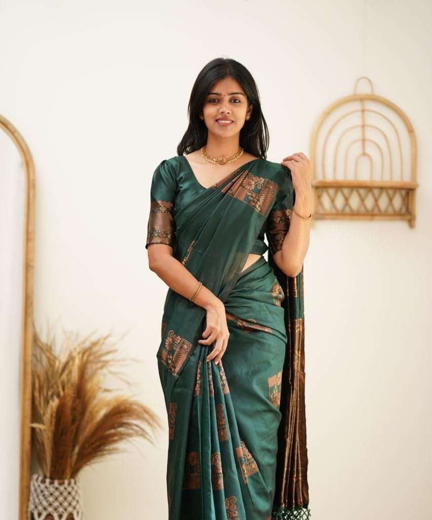 Green Kanjivaram Pure Soft Semi Silk Saree With Unstiched Attractive Blouse Piece