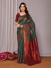 GREEN SOFT SILK SAREE WITH TWIRLING BLOUSE PIECE