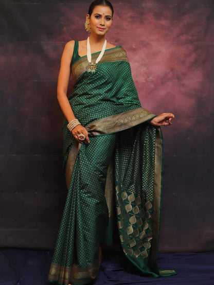 Green Banarasi Pure Soft Semi Silk Saree With Unstiched Attractive Blouse Piece