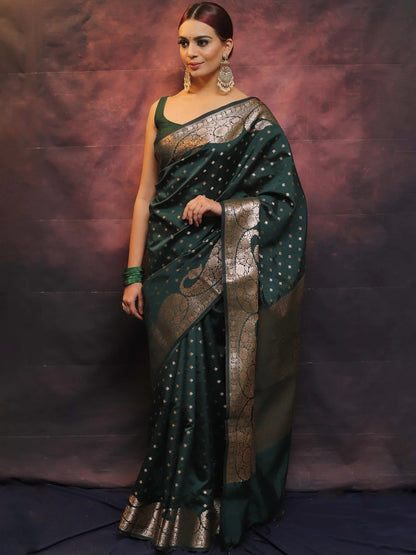 Green Banarasi Pure Soft Semi Silk Saree With Unstiched Attractive Blouse Piece