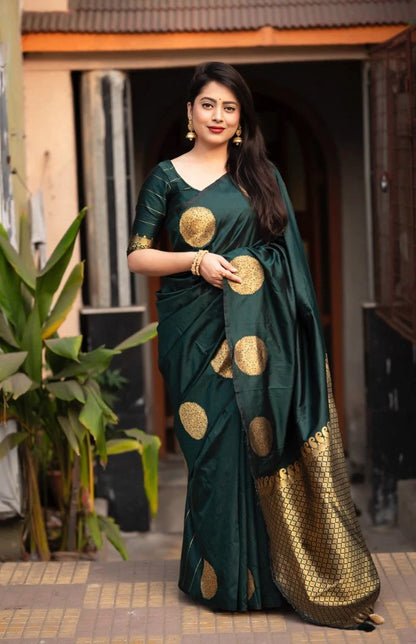 Green Banarasi Pure Soft Semi Silk Saree With Unstiched Attractive Blouse Piece