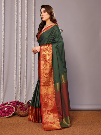 B.Green-Red Pure Soft Banarasi Silk Saree With Engrossing Blouse Piece