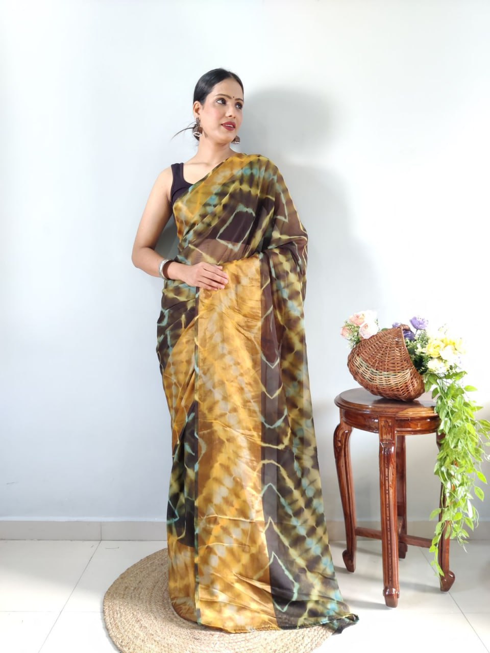 Green Ready to Wear Chiffon Saree With Unstitched Blouse Piece