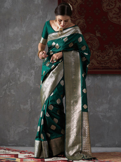 Green Pure Soft Silk Saree Weaved With Zari Comes With Tempting Heavy Brocade Blouse Piece