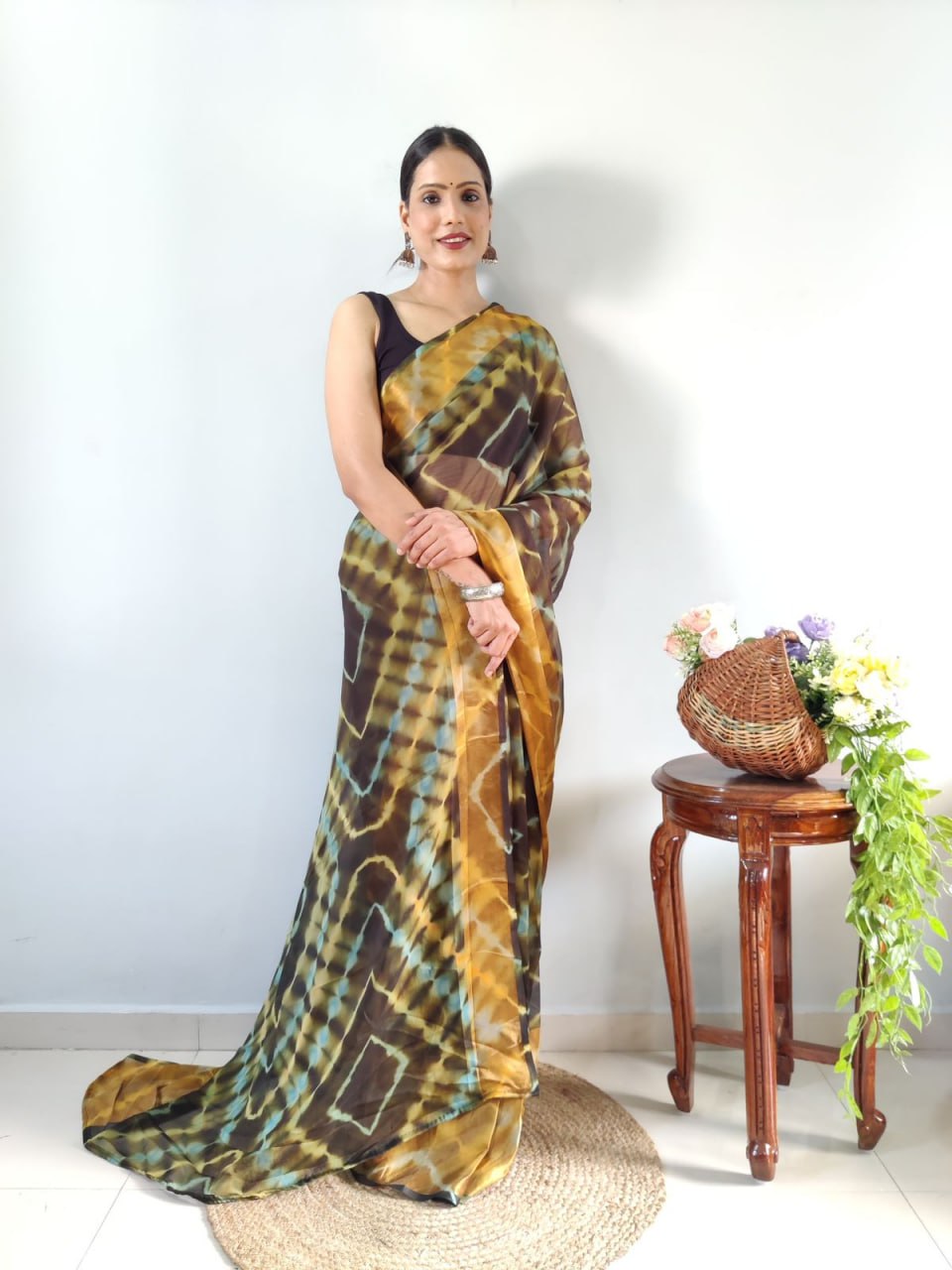 Green Ready to Wear Chiffon Saree With Unstitched Blouse Piece