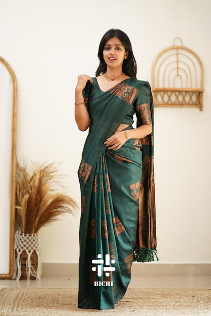 Green Kanjivaram Pure Soft Semi Silk Saree With Unstiched Attractive Blouse Piece