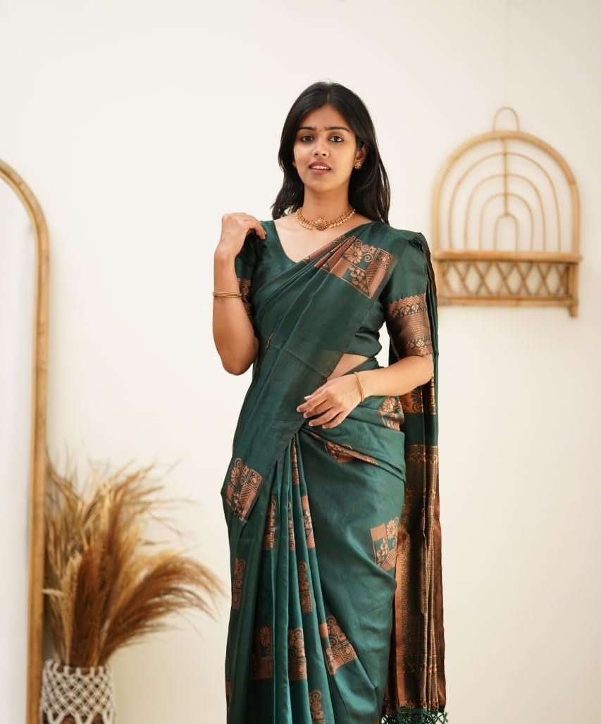 Green Kanjivaram Pure Soft Semi Silk Saree With Unstiched Attractive Blouse Piece