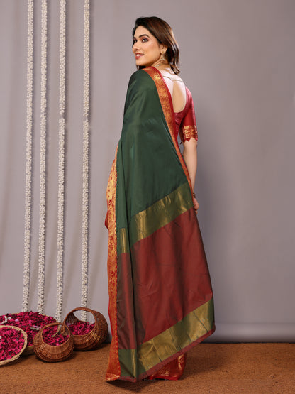 B.Green-Red Pure Soft Banarasi Silk Saree With Engrossing Blouse Piece