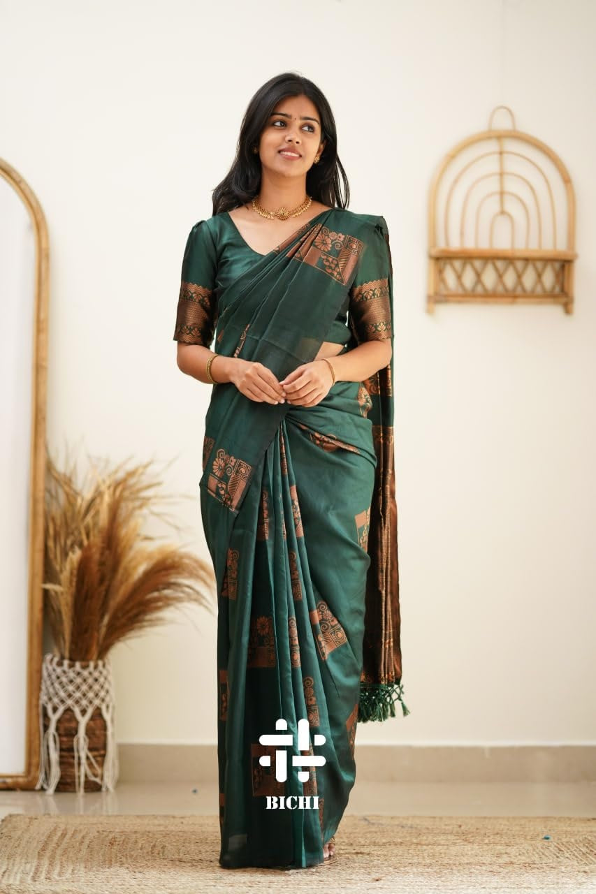 Green Kanjivaram Pure Soft Semi Silk Saree With Unstiched Attractive Blouse Piece