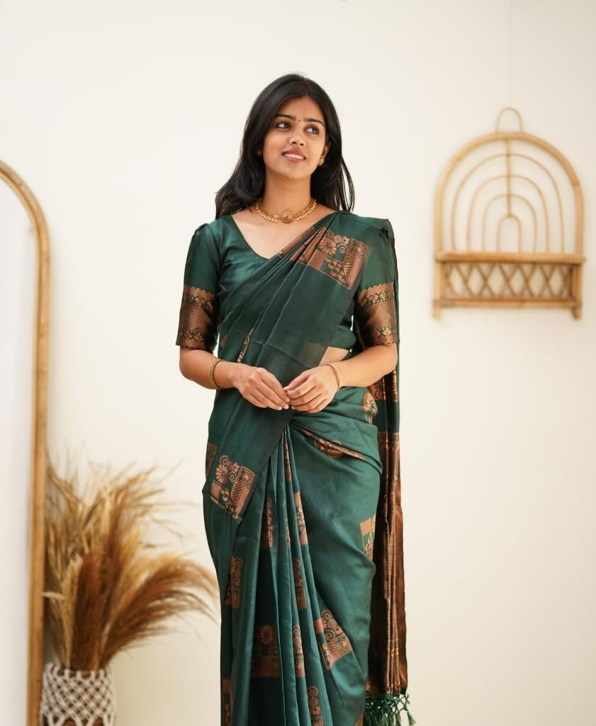 Green Kanjivaram Pure Soft Semi Silk Saree With Unstiched Attractive Blouse Piece