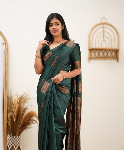 Green Banarasi Pure Soft Semi Silk Saree With Unstiched Attractive Blouse Piece