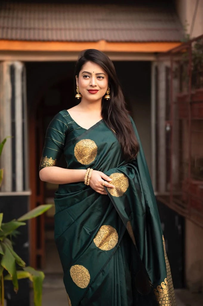 Green Banarasi Pure Soft Semi Silk Saree With Unstiched Attractive Blouse Piece