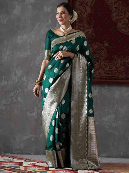 Green Pure Soft Silk Saree Weaved With Zari Comes With Tempting Heavy Brocade Blouse Piece