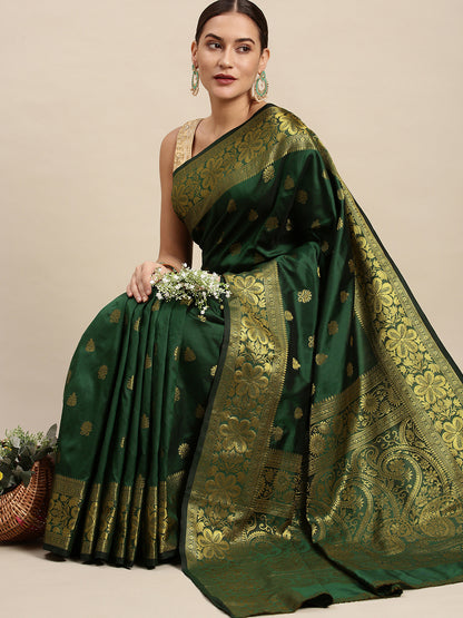 Green Zari Combination Pure Soft Silk Saree Stylish Blouse Piece