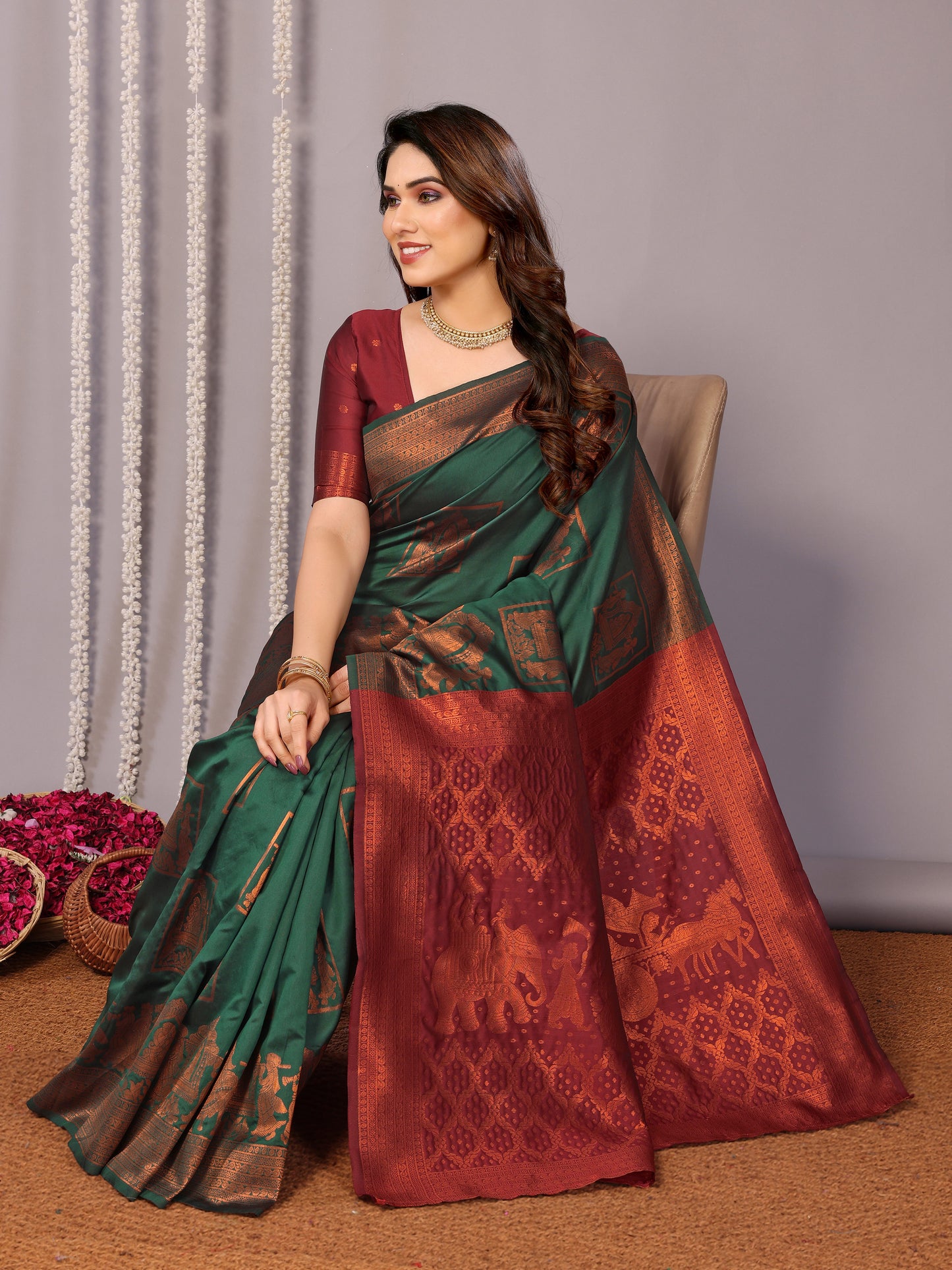 GREEN SOFT SILK SAREE WITH TWIRLING BLOUSE PIECE