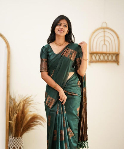 Green Kanjivaram Pure Soft Semi Silk Saree With Unstiched Attractive Blouse Piece