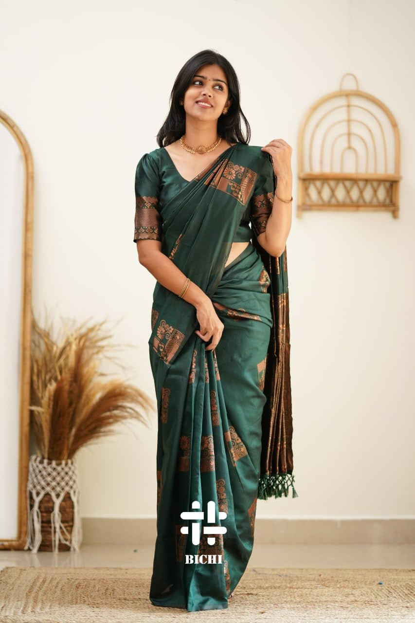 Green Kanjivaram Pure Soft Semi Silk Saree With Unstiched Attractive Blouse Piece