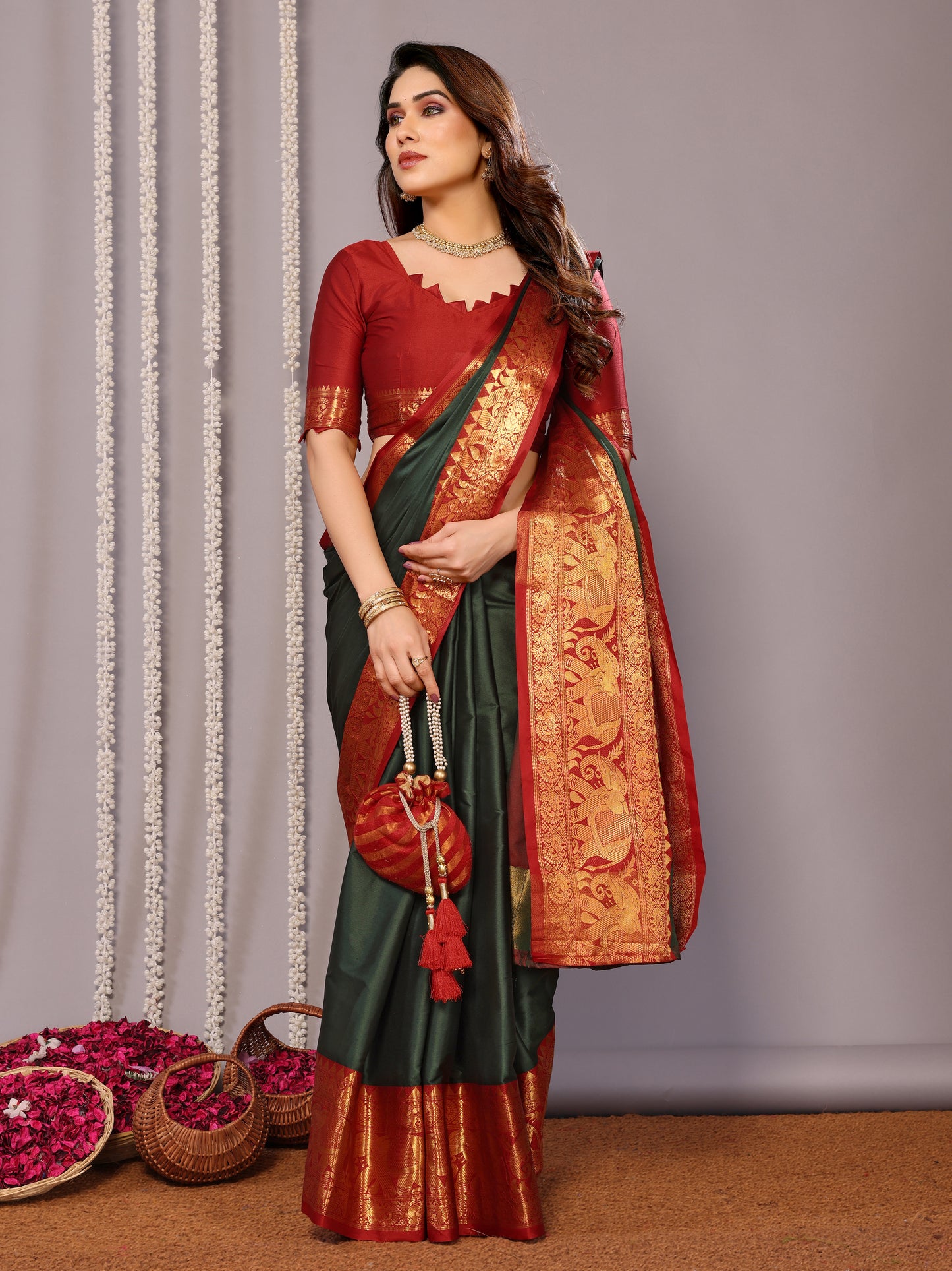 B.Green-Red Pure Soft Banarasi Silk Saree With Engrossing Blouse Piece