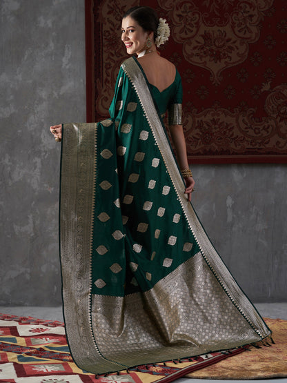 Green Pure Soft Silk Saree Weaved With Zari Comes With Tempting Heavy Brocade Blouse Piece