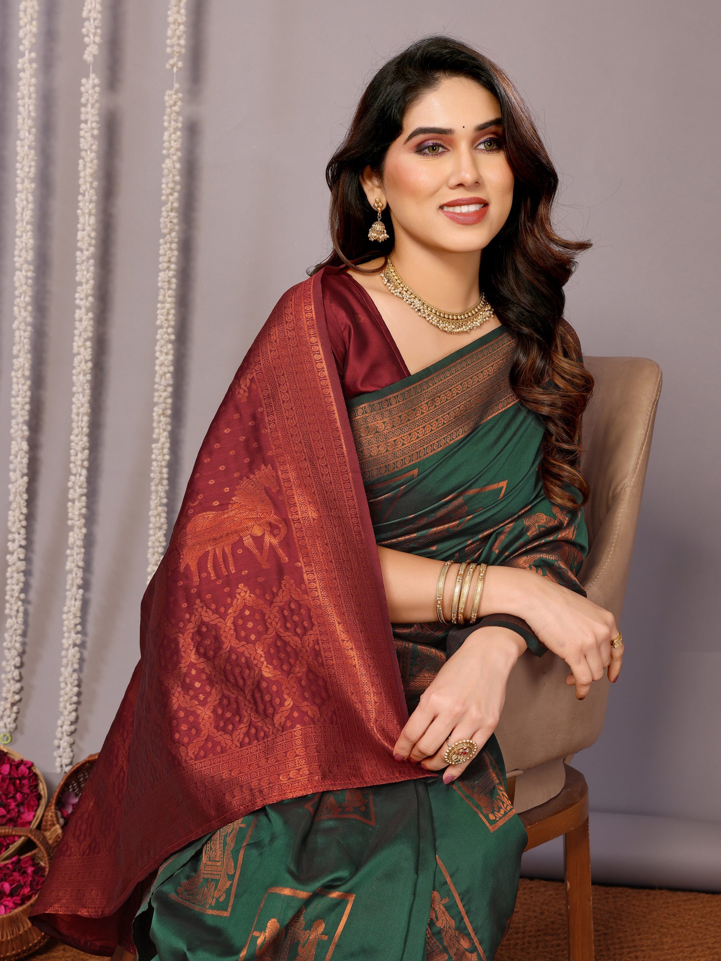 GREEN SOFT SILK SAREE WITH TWIRLING BLOUSE PIECE