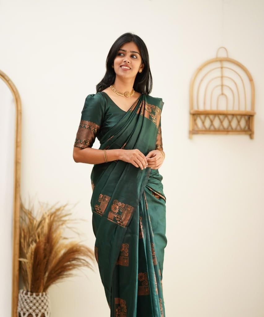 Green Kanjivaram Pure Soft Semi Silk Saree With Unstiched Attractive Blouse Piece