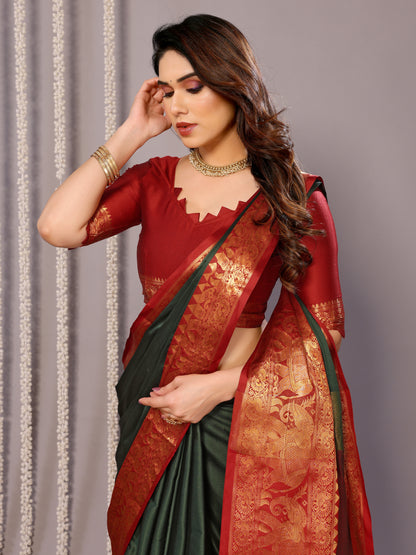 B.Green-Red Pure Soft Banarasi Silk Saree With Engrossing Blouse Piece