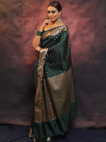 Green Banarasi Pure Soft Semi Silk Saree With Unstiched Attractive Blouse Piece